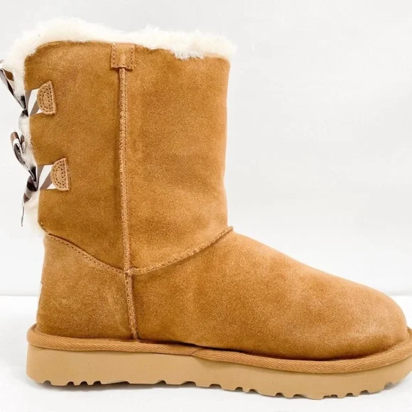 UGG BAILEY BOW DIAGONAL STRIPES BLACK SUEDE SHEEPSKIN WOMEN'S BOOTS - Picture 2 of 5